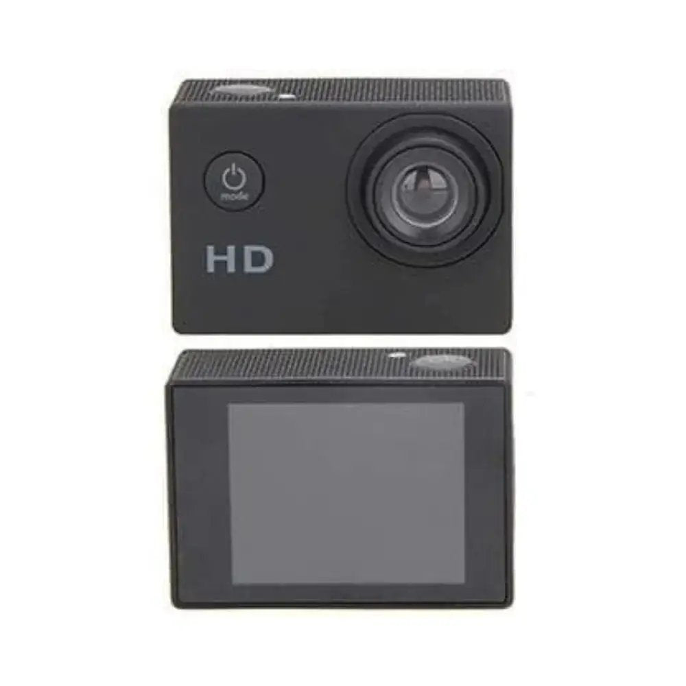 Front and rear views of mini action camera with color screen