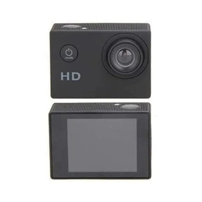 Front and rear views of mini action camera with color screen