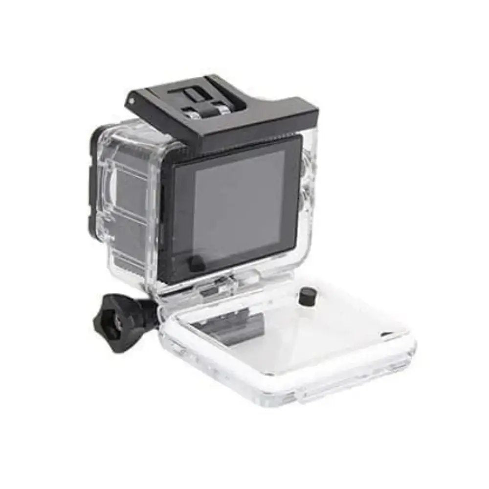 Rear view of action camera in waterproof housing