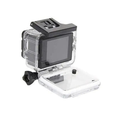 Rear view of action camera in waterproof housing