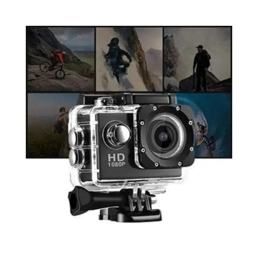 Mini action camera with outdoor activity examples
