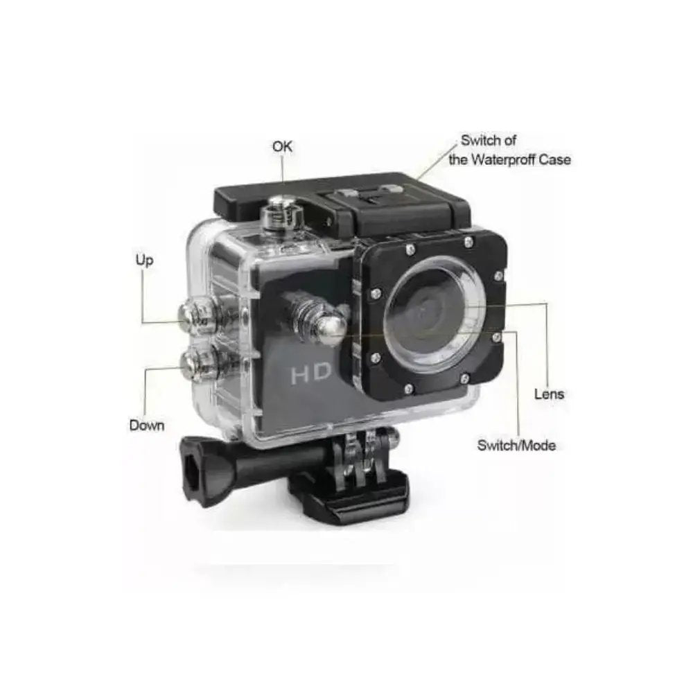 Action camera waterproof housing controls and lens diagram