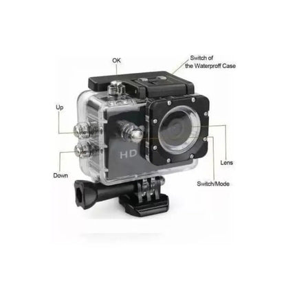 Action camera waterproof housing controls and lens diagram