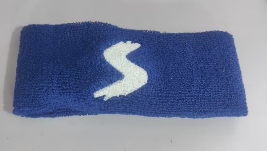 Navy blue cotton fitness headband with white emblem