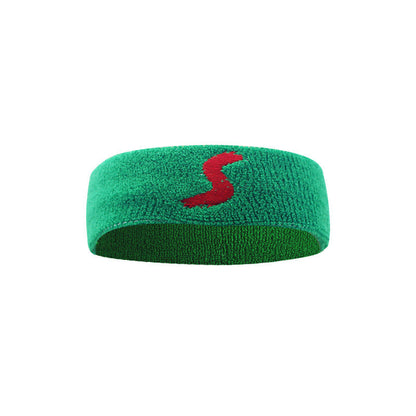 Green cotton fitness headband with red emblem