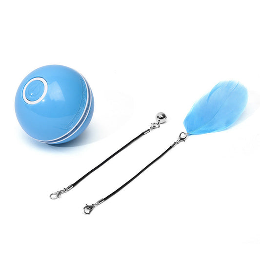 Blue rechargeable cat toy ball with bell and feather attachments